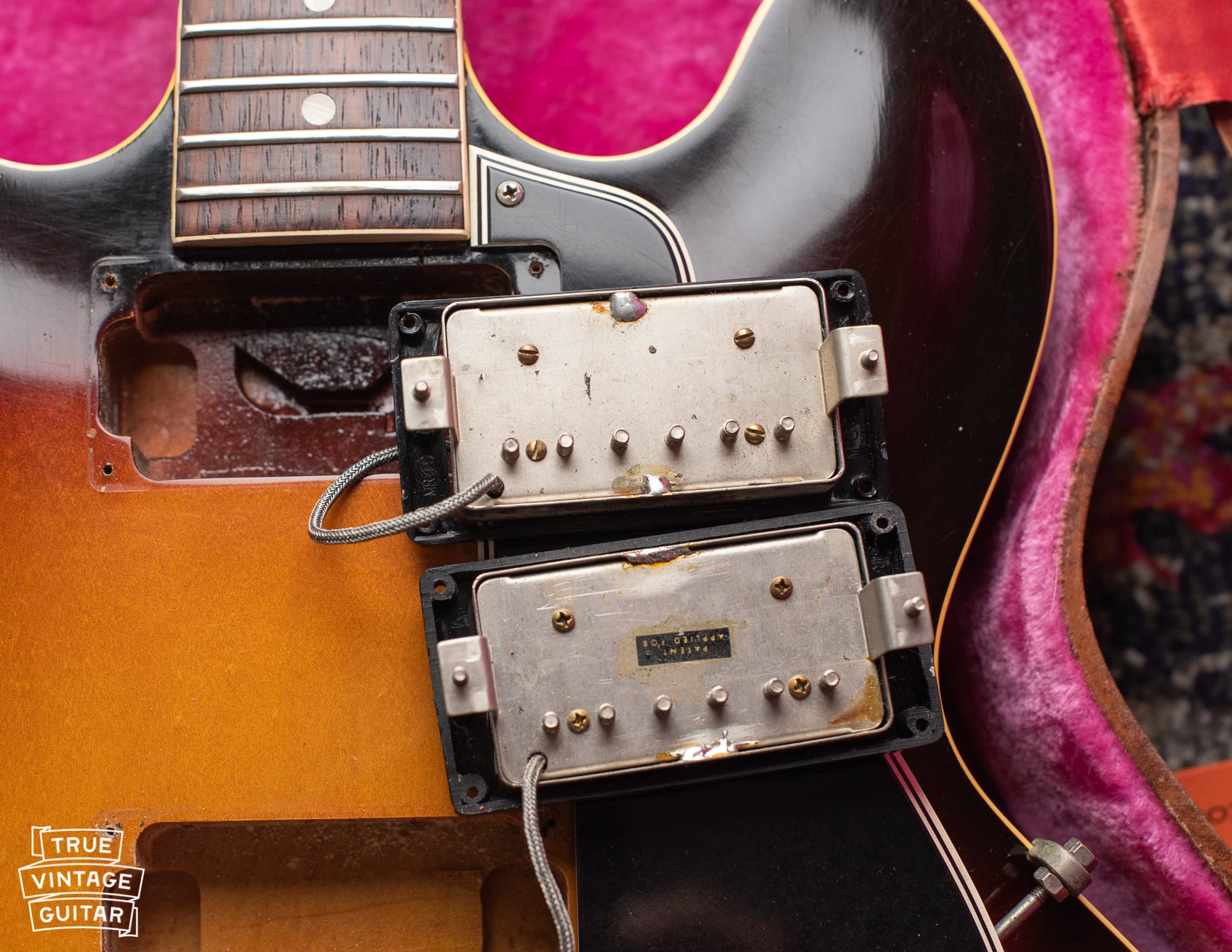 Gibson ES-335 1960 PAF pickups. Neck pickup has no sticker, slot screws, and is out of phase from the bridge pickup.