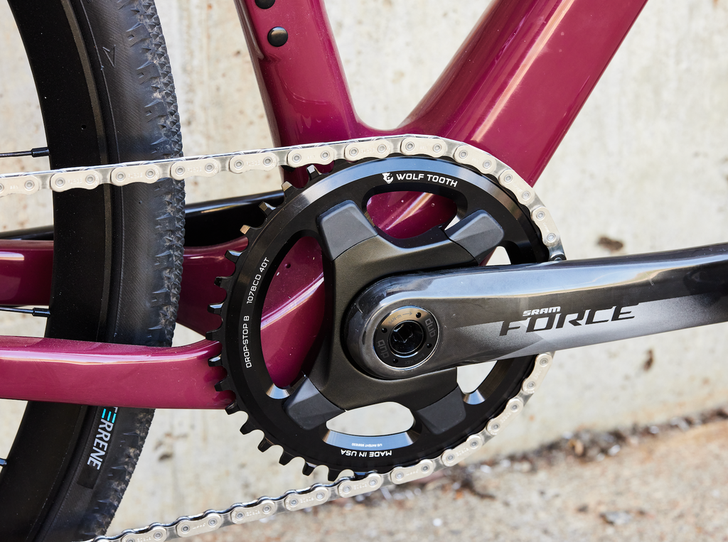 A Wolf Tooth 107 BCD chainring.