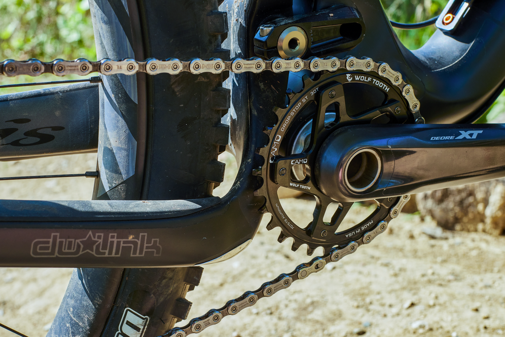 Wolf Tooth's new CAMO Direct Mount Spider for Shimano built out with a CAMO Round Aluminum Chainring on an Ibis mountain bike.