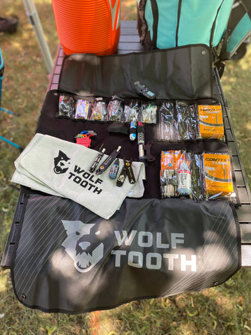 Wolf Tooth Travel Tool Wrap loaded with tools