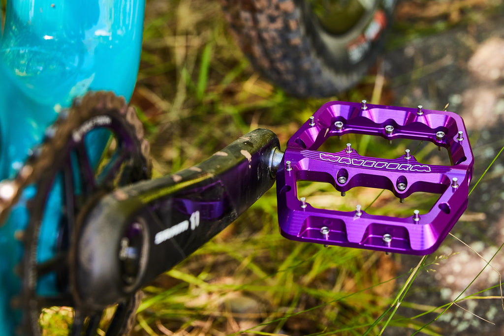 A teal Yeti bike is posed, showing an ultraviolet purple Wolf Tooth Waveform Aluminum Pedal. 