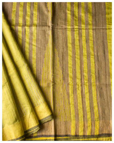 Bhagalpur Pure Handloom Tussar Silk Saree With Temple Border Design-Tr