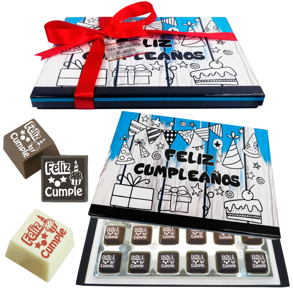 Caja Rígida Londres 24 Chocolates diseño: "Feliz Cumpleaños" (Sólo la enviamos a la CdMx)