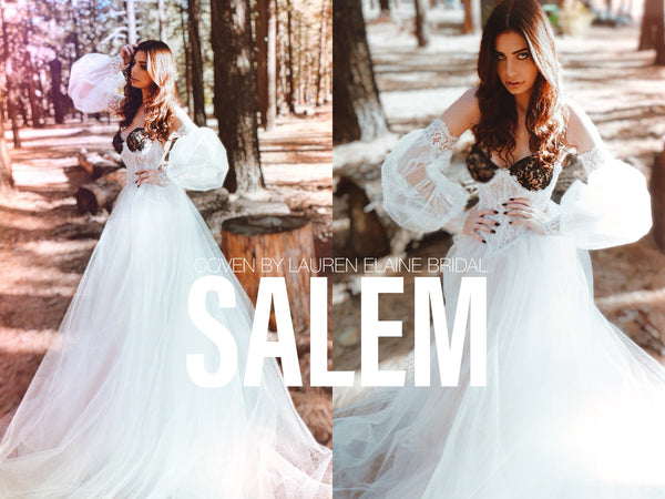 Salem by Coven by Lauren Elaine Bridal Collection Black and White wedding dresses with sleeves and drop waist