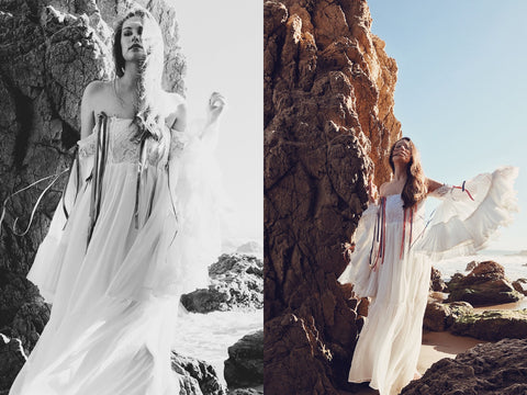 Los Angeles bridal designer Lauren Elaine poses in an off-the-shoulder bohemian chiffon wedding gown at Malibu beach