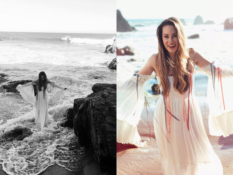 Los Angeles designer Lauren Elaine wades in the ocean in ethereal off-the-shoulder wedding dress gown