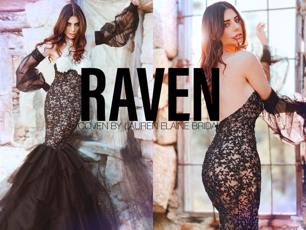 Black Raven mermaid tuxedo wedding dress with halter neck by Lauren Elaine Bridal