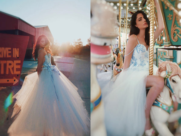 Lauren Elaine Provencia Boho Chic Blue Toile Wedding Dress + Mini