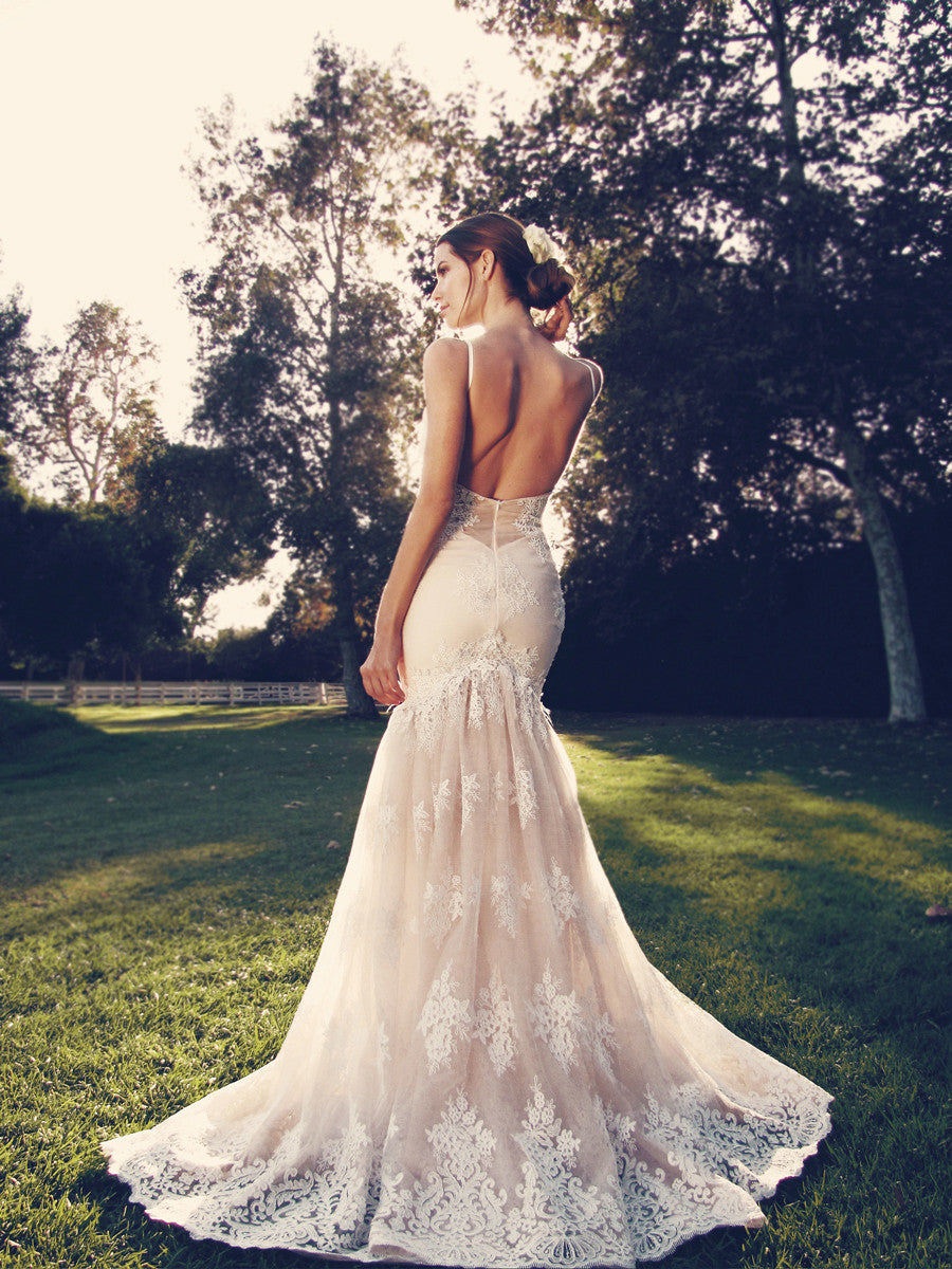 blush lace mermaid wedding dress