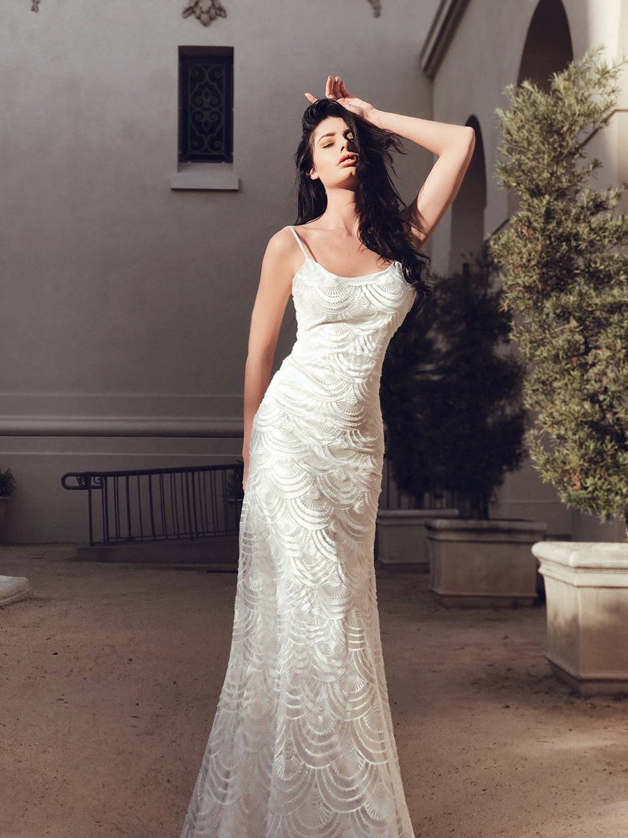 beaded sheath wedding dress