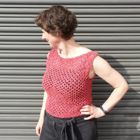 Barbara in a granny square top Black Sheep Wools