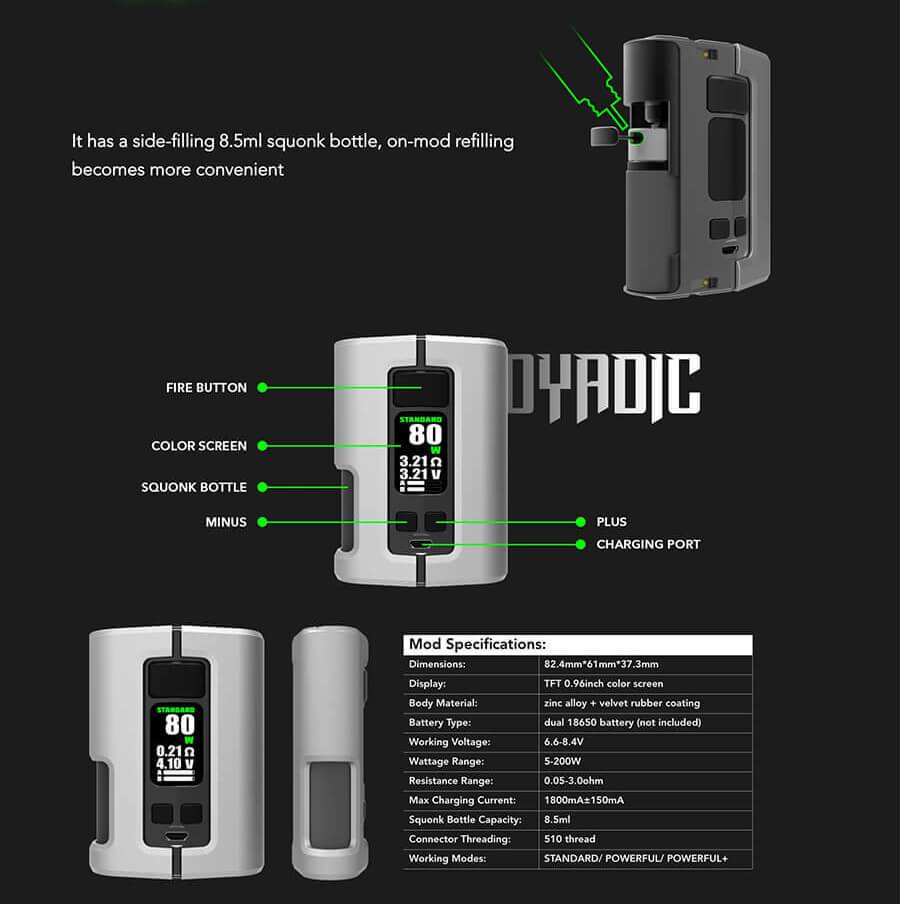Wotofo Dyadic Squonk Mod - Specifications