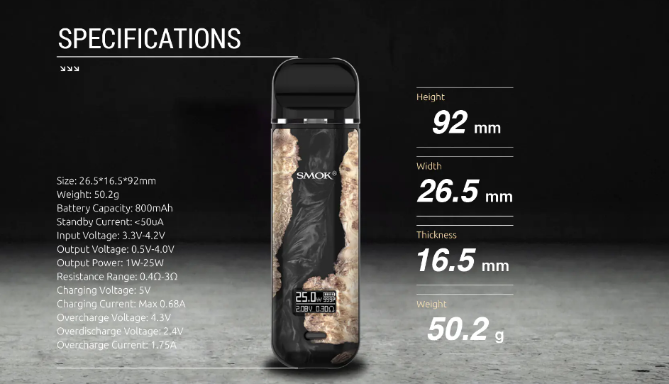 Smok Novo X Pod Kit Specifications