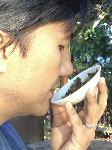 smelling tea leaves