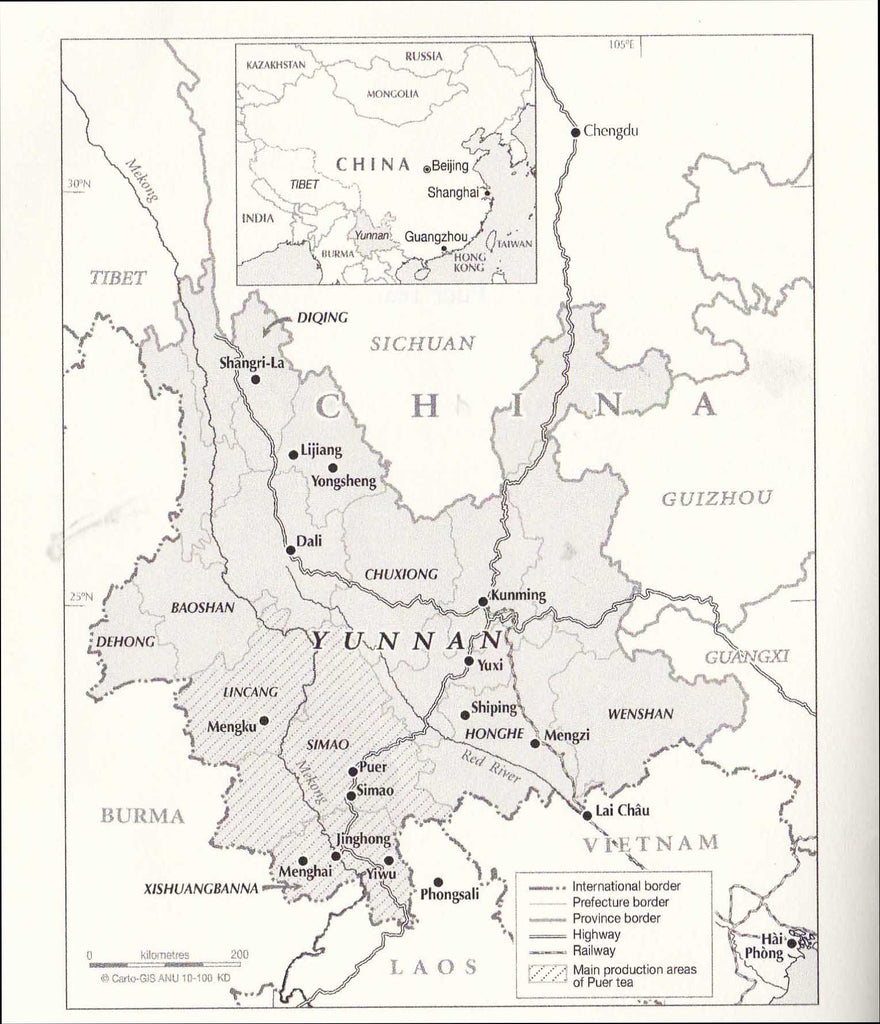 Map of pu-erh growing regions in Yunnan.