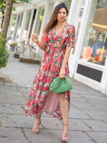 GIRL WEARING THE SHARON FLUTTER SLEEVE MAXI WRAP DRESS (RED)
