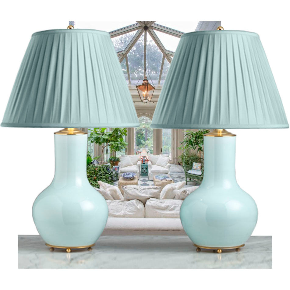 F074 A Large Pair Of Contemporary Chinese Bottle Shaped Lamps In Pale Celadon Glaze