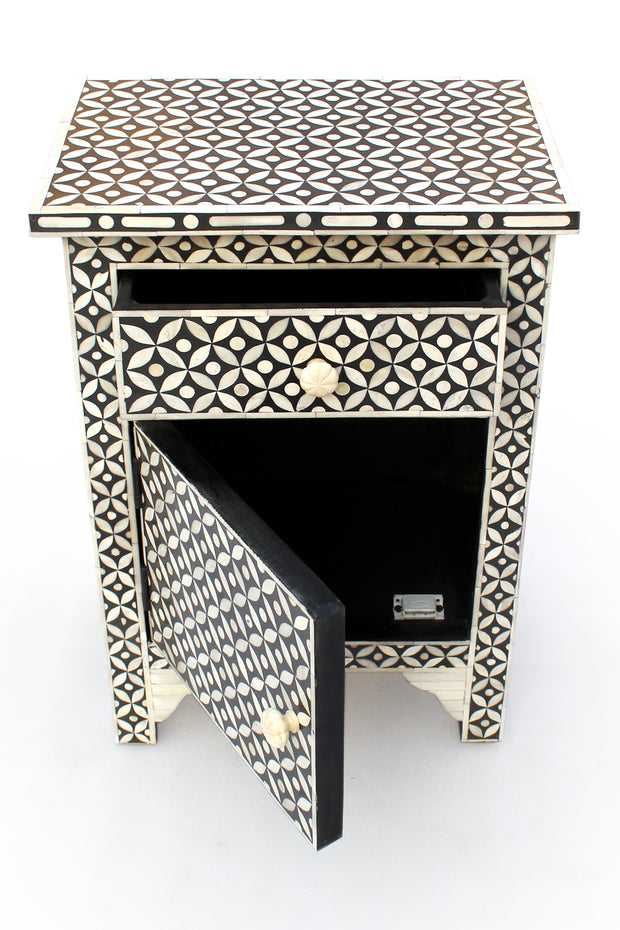Bone Inlay Bedside Table - Black Geometric - Abacus and Hunt