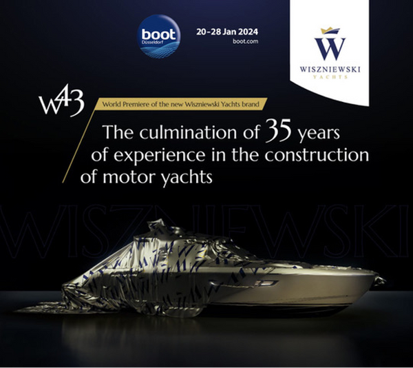 Partially veiled Wiszniewki Yacht - W43, The culmination of 35 years of expertise in the construction of motor yachts