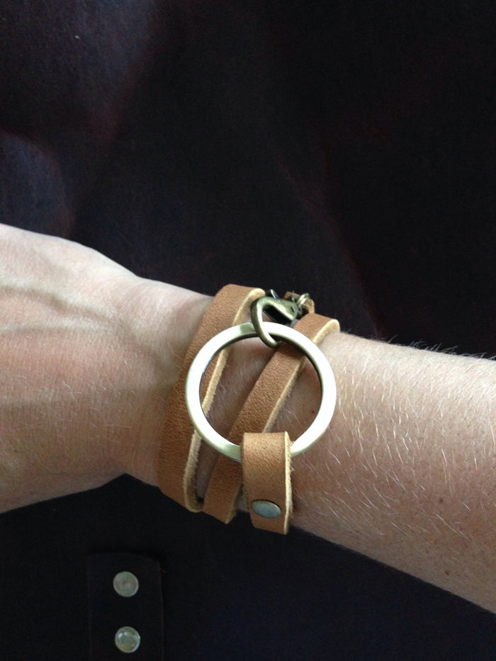 Minimalist Split Leather Bracelet with Heavy Ring