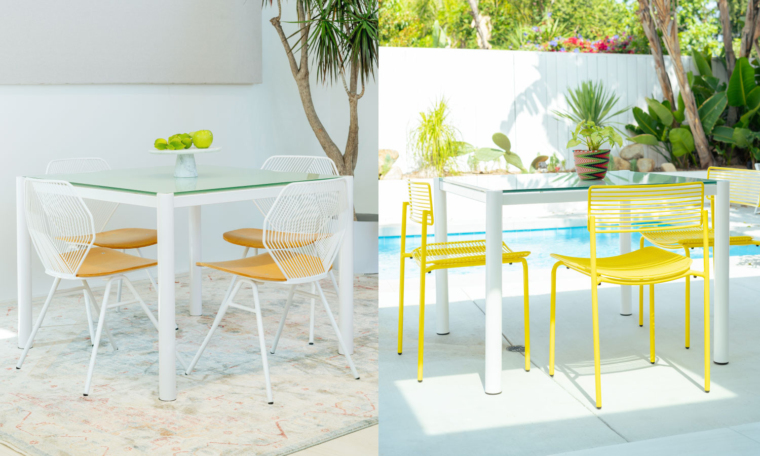 The Get Together Table in White paired with wire chairs that are White and Yellow.