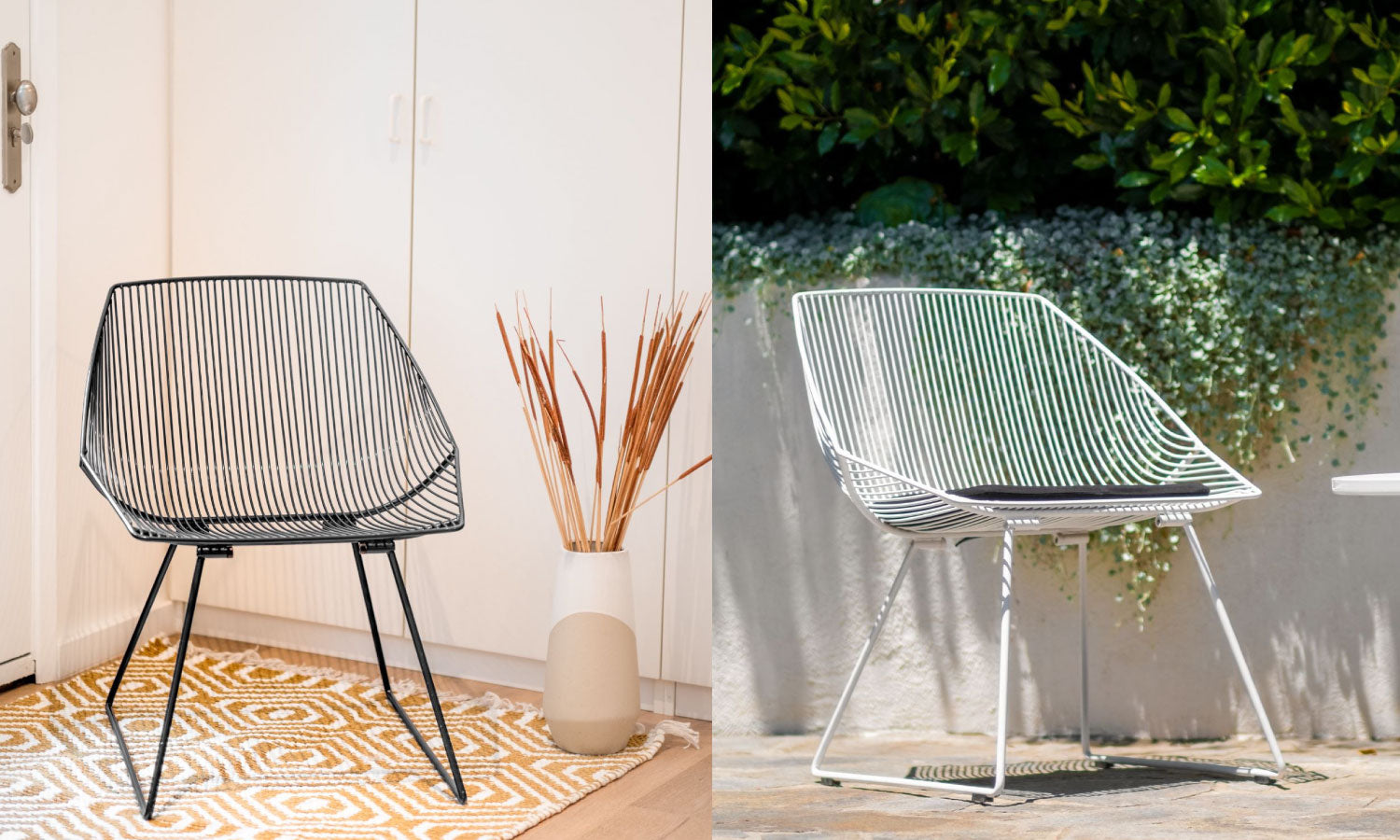 The Bunny Lounge chair, a wire design featured in Black and White colors.