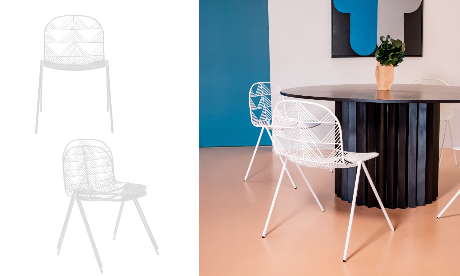 The Betty dining chair made from triangle wire patterns. A modern side chair design.