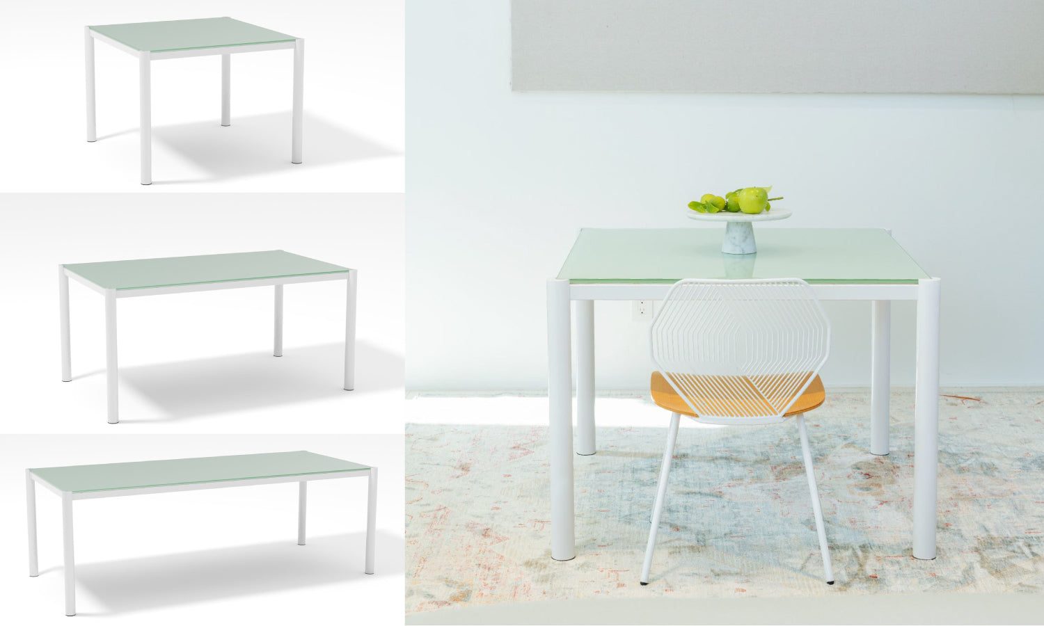 The Get-Together Table in White with a Tempered Glass Top. Modern minimalistic design with a glass top that channels into the top of the legs for a flush and clean finish. 
