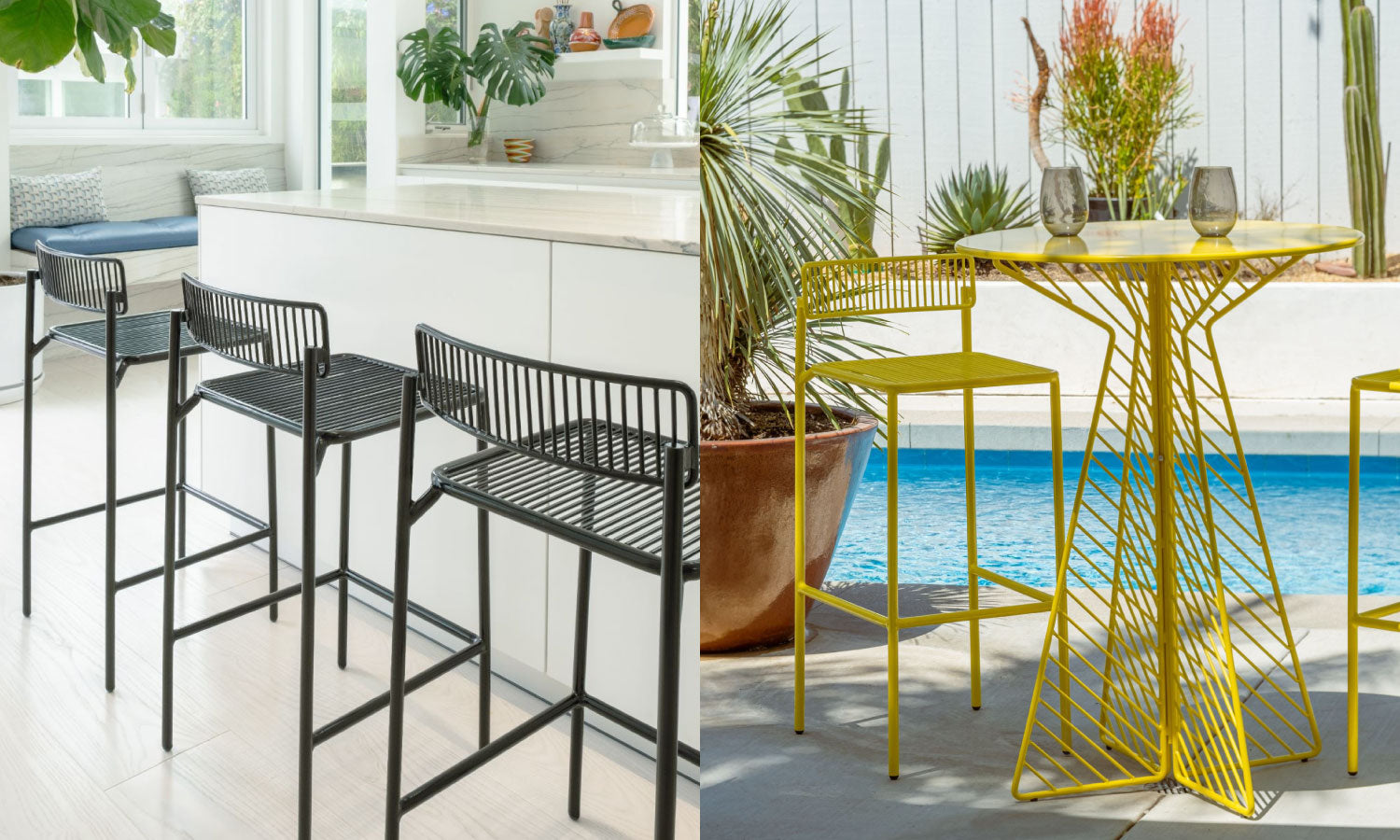 The Rachel Bar Stool in Black and Yellow colors. Shown inside at a kitchen bar and outside with the Cafe Bar Table in Yellow.