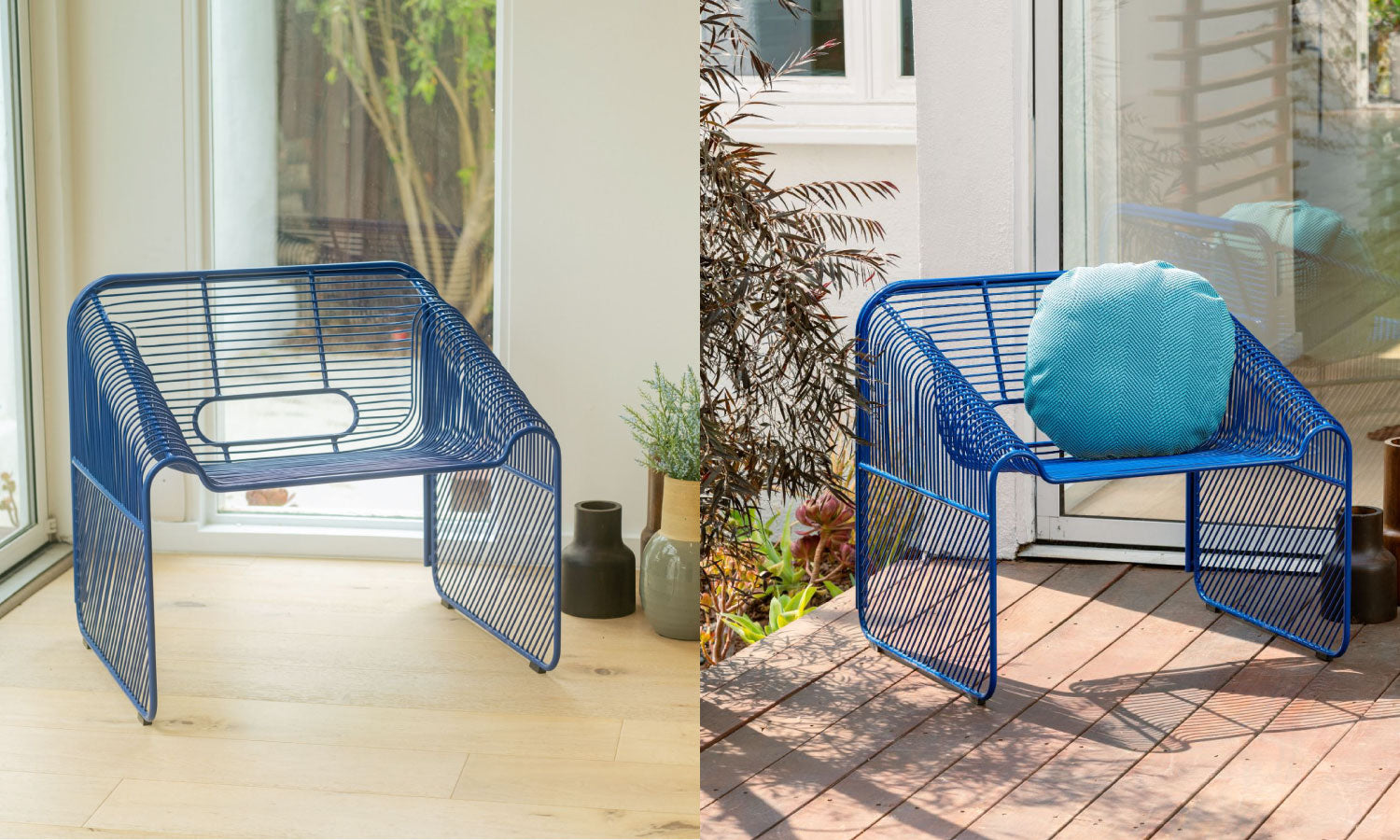 The Hot Seat, a wire lounge chair in electric Blue color. Shown inside a home and outside in a residential backyard.