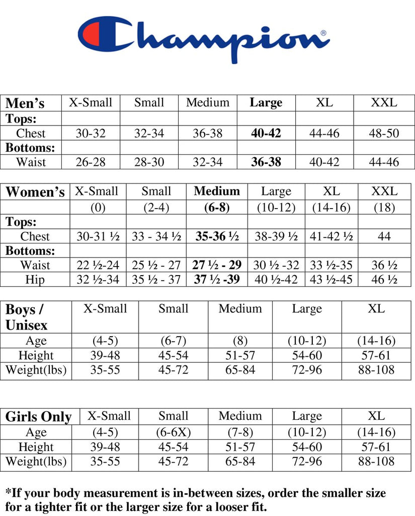 champion long sleeve size chart