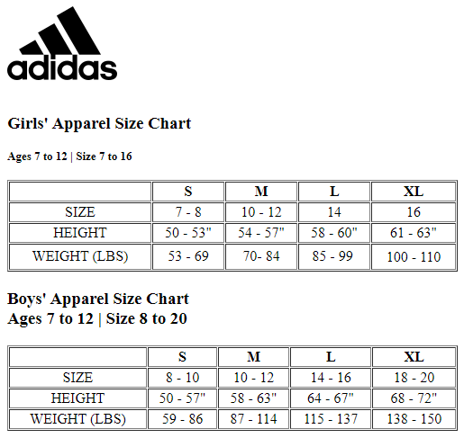 adidas youth shirt size chart