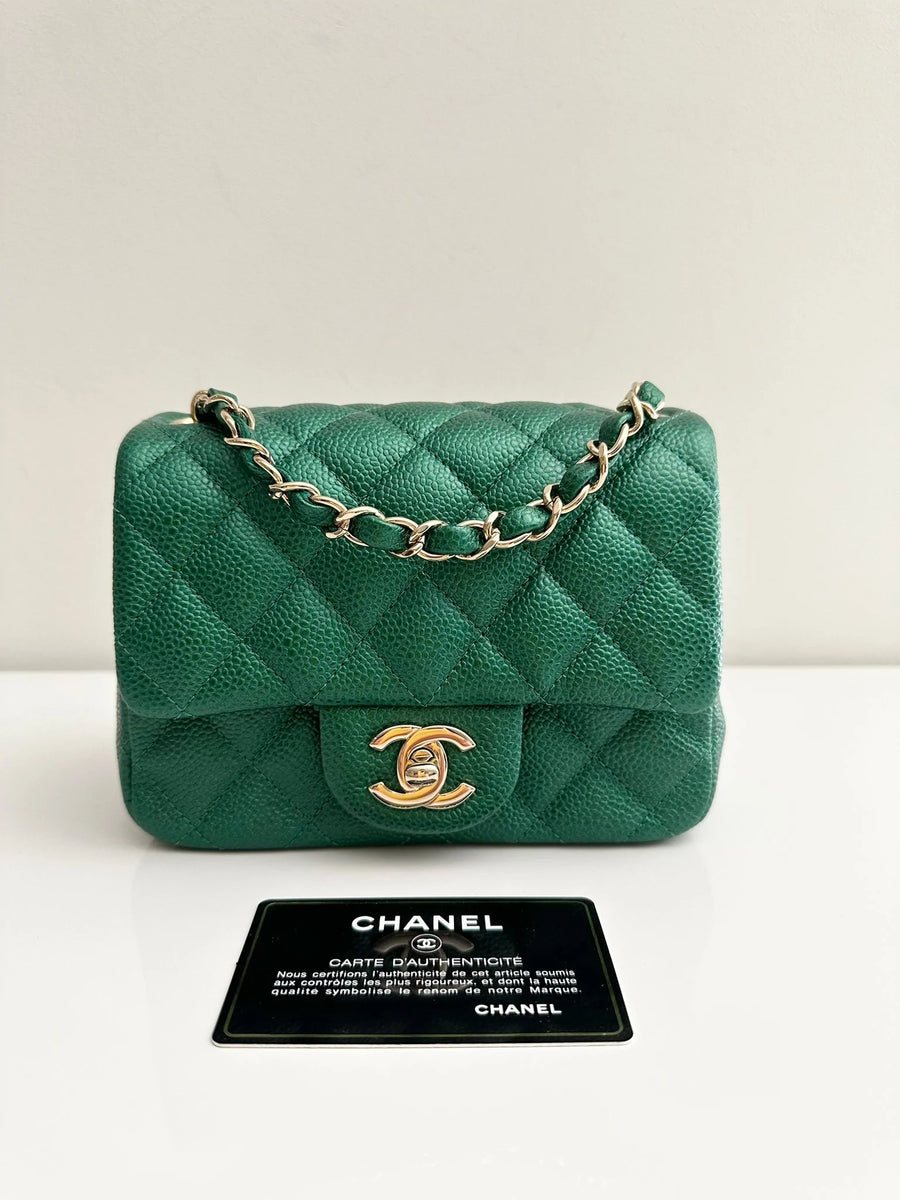 aprococo  CHANEL Emerald Green mini 255 flap bag necklace w chain strap