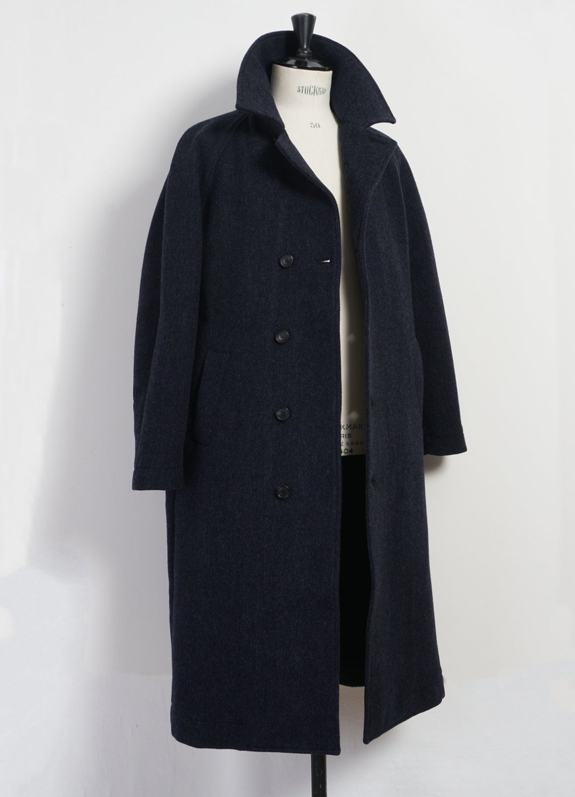 SIGFRED | Long Double Face Wool Coat | Blue Herringbone | HANSEN Garments