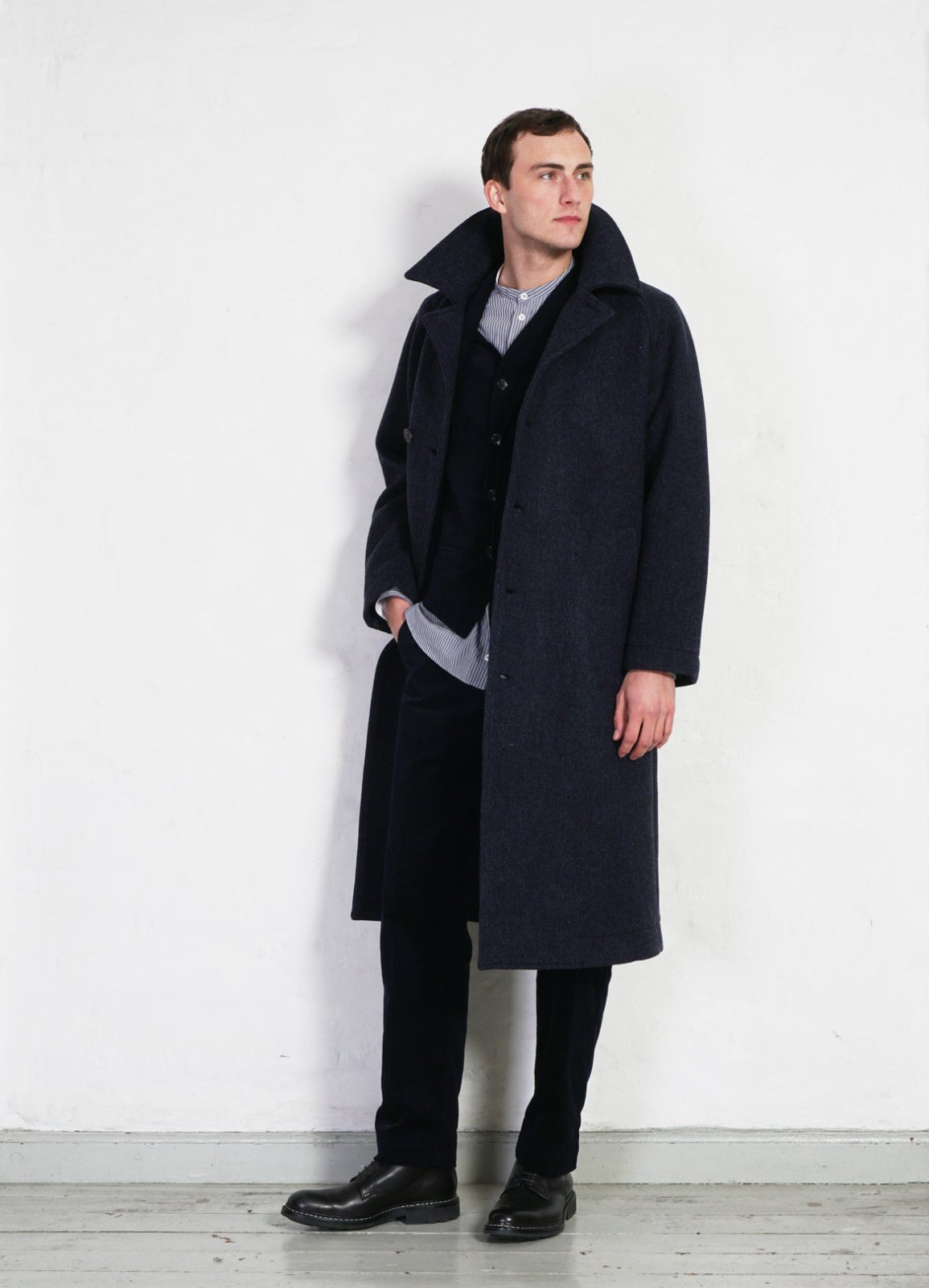 SIGFRED | Long Double Face Wool Coat | Blue Herringbone | HANSEN Garments