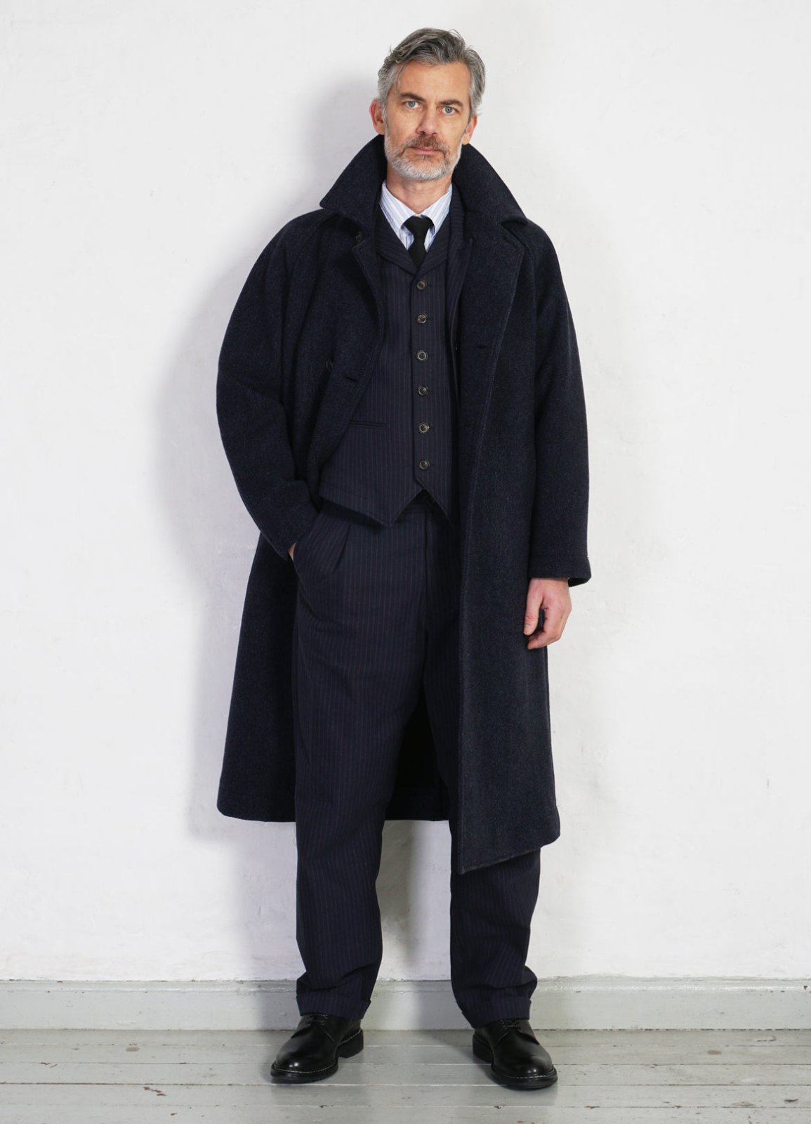 SIGFRED | Long Double Face Wool Coat | Blue Herringbone | HANSEN Garments