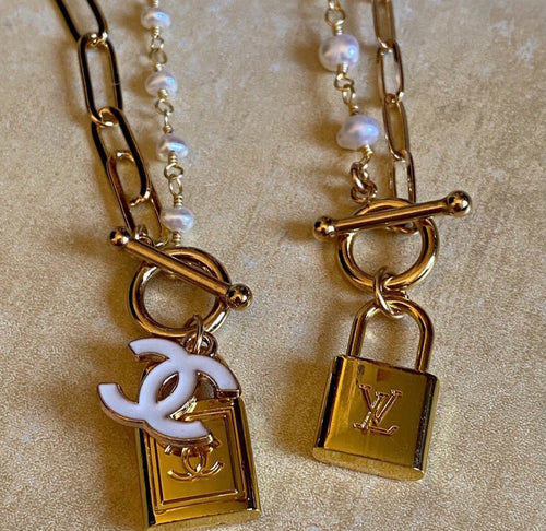 Louis Vuitton Monogram Lock Pendant Silver/ Gold Tone Necklace