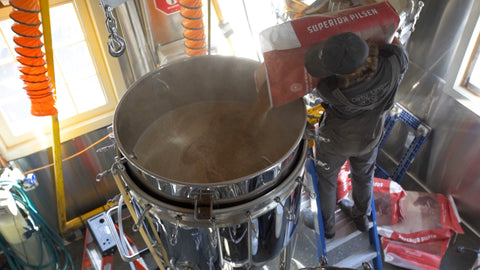 Barn Owl Brewery - adding grain to the mash colander