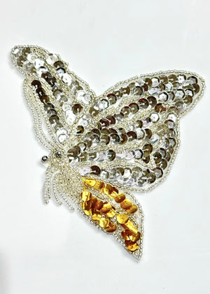Butterfly with Silver and Gold Sequins and Silver Beads 5.5" x 4" - SequinAppliques