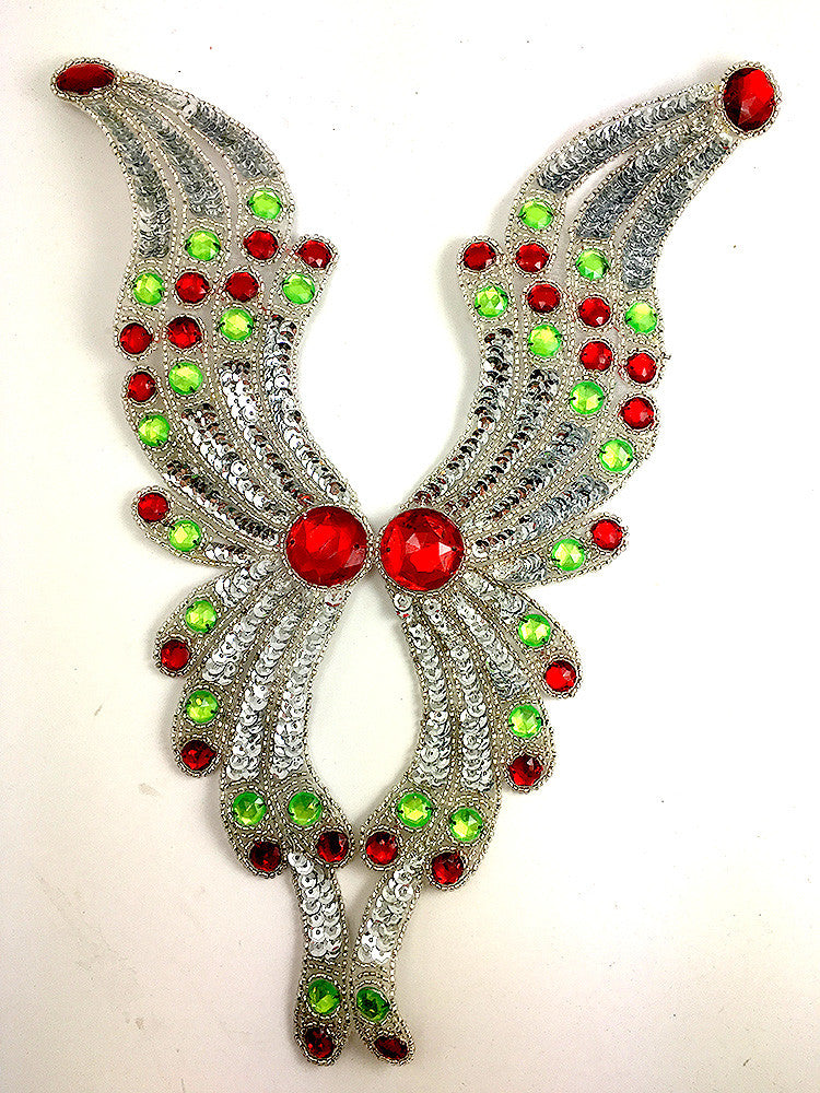 Designer Motif Neckline with Silver Sequins, Beads and Red/Green Acrylic Stones 12