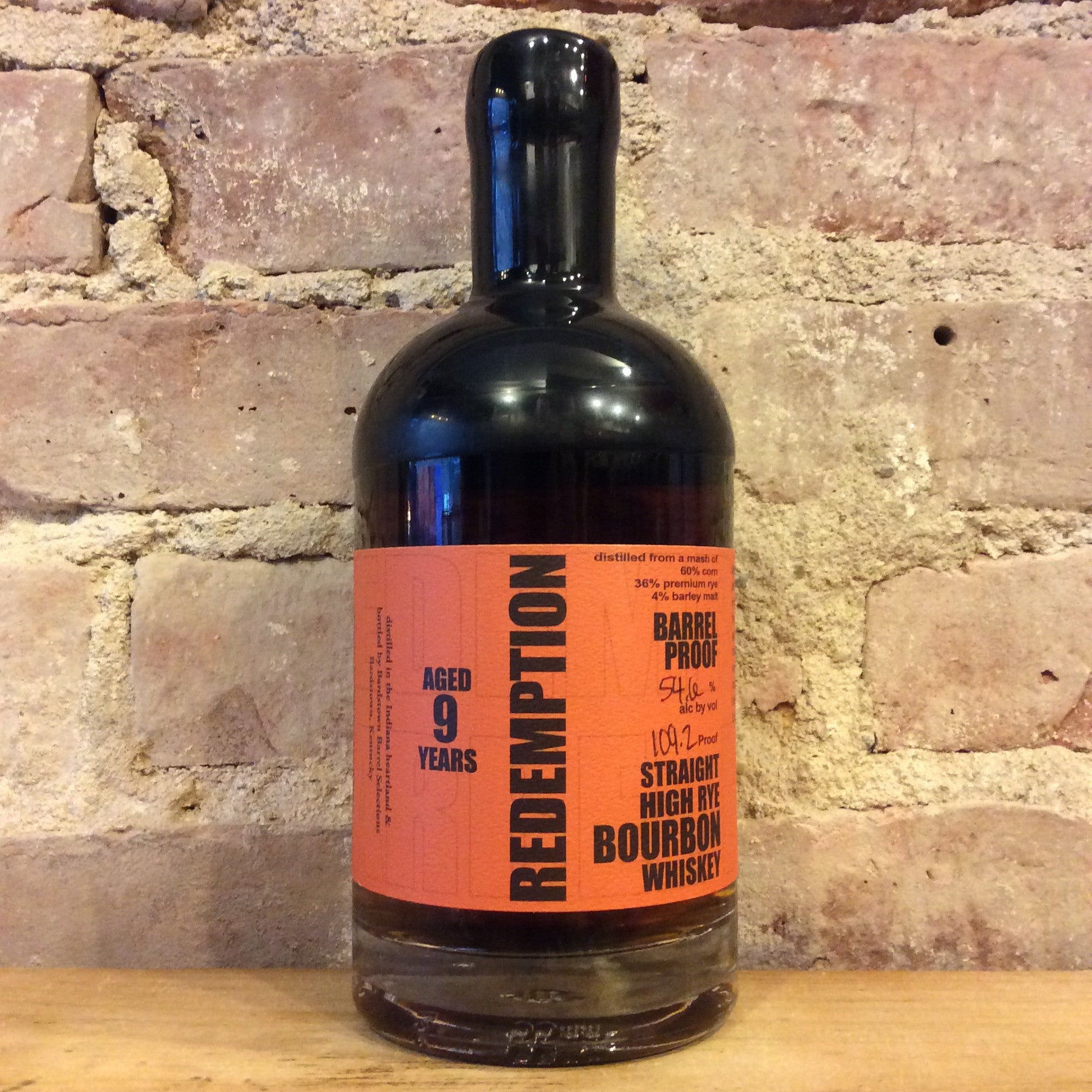 Redemption Straight High Rye Bourbon Whiskey 9 Years Barrel Proof 109 Eastside Cellars