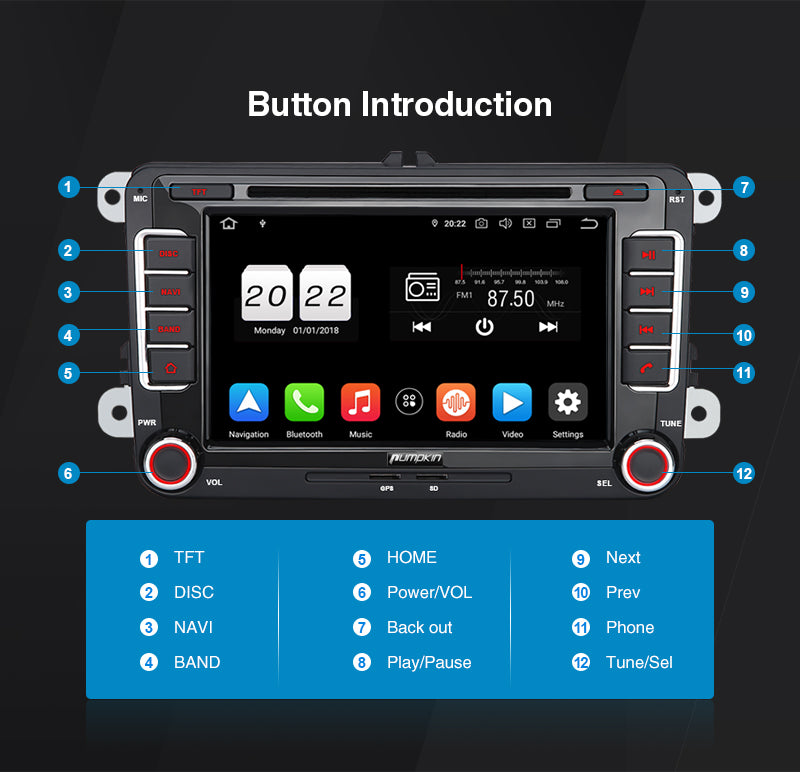 Pumpkin 7 Inch Double Din Android 11 Car Stereo with DVD Player Touch Screen for Ford Series