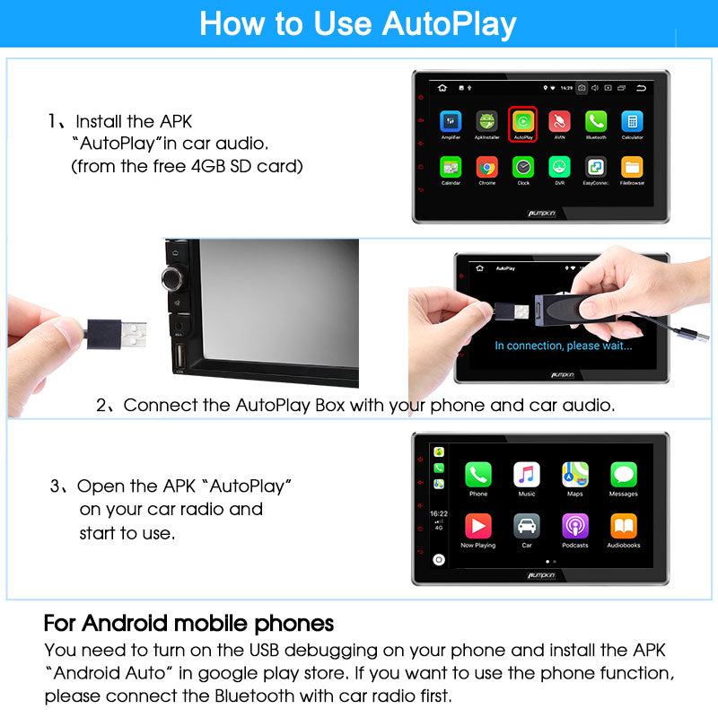 USB AutoPlay Dongle Connect Android Auto PUMPKIN Car Stereos, iPhone Android Phone, Free 8GB SD Card Included