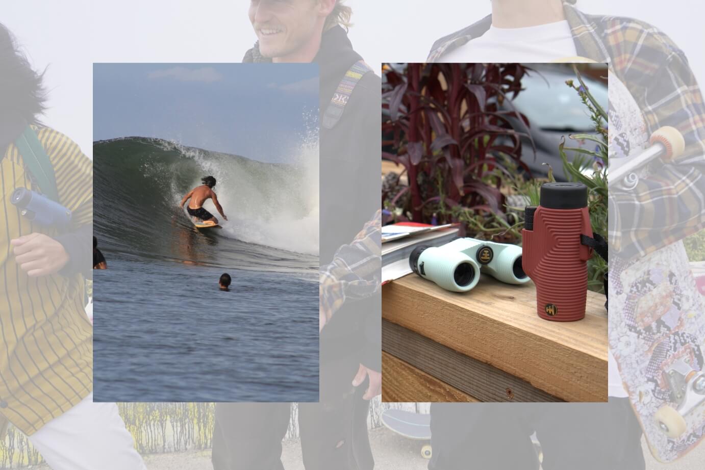 Artisitc photo collage of Boom surfing on one side, and multiple kinds of Nocs products on a ledge on his balcony