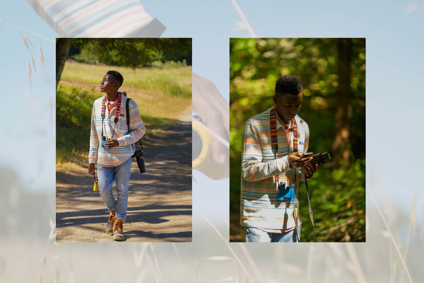 artistic collage picture with two photos of Isaiah Scott, one of him hiking with Nocs around his neck, the other of him using the photo rig to take a picture
