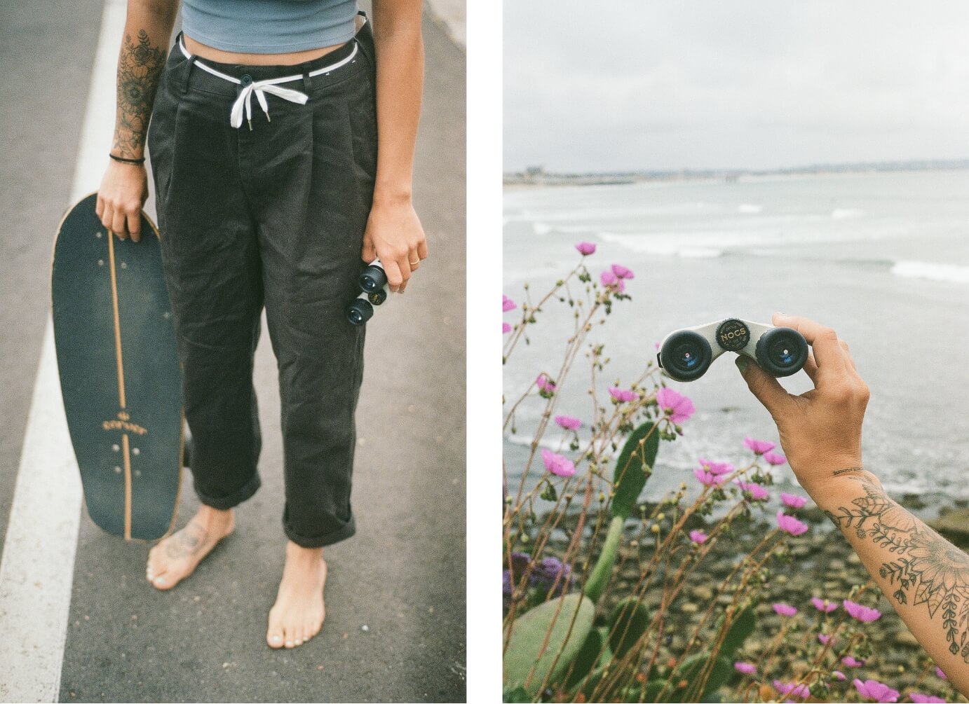 Photo collage of Sarah Rewellc, one photo of her holding a skateboard, and then the other of her holding a pair of Nocs Standard Issue 8x25 above a flower bush looking towards the beach