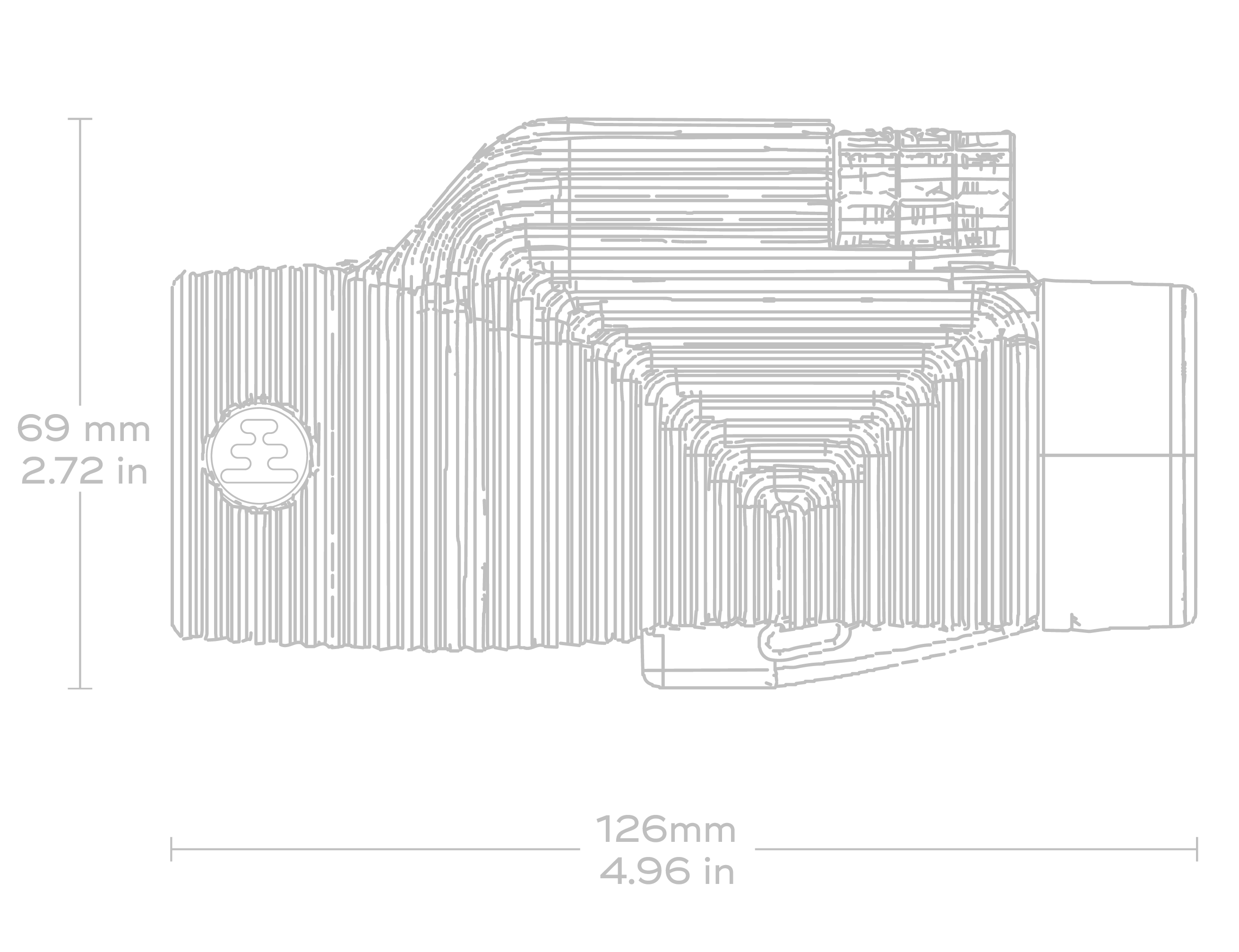 Technical wireframe rendering of Nocs binoculars from above