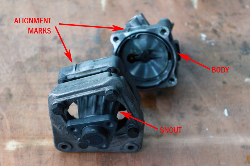 BMW E36 M3 pump rebuild DIY. Alignment marks denoted with arrows.