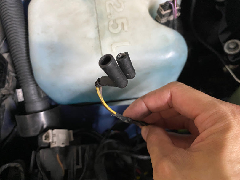 Deterioration of foglight harness is shown by the rubber insulation on one of the wires is missing pieces.