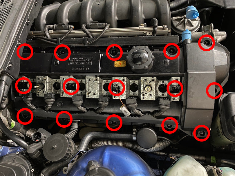 Locations of all valve cover fasteners circled.